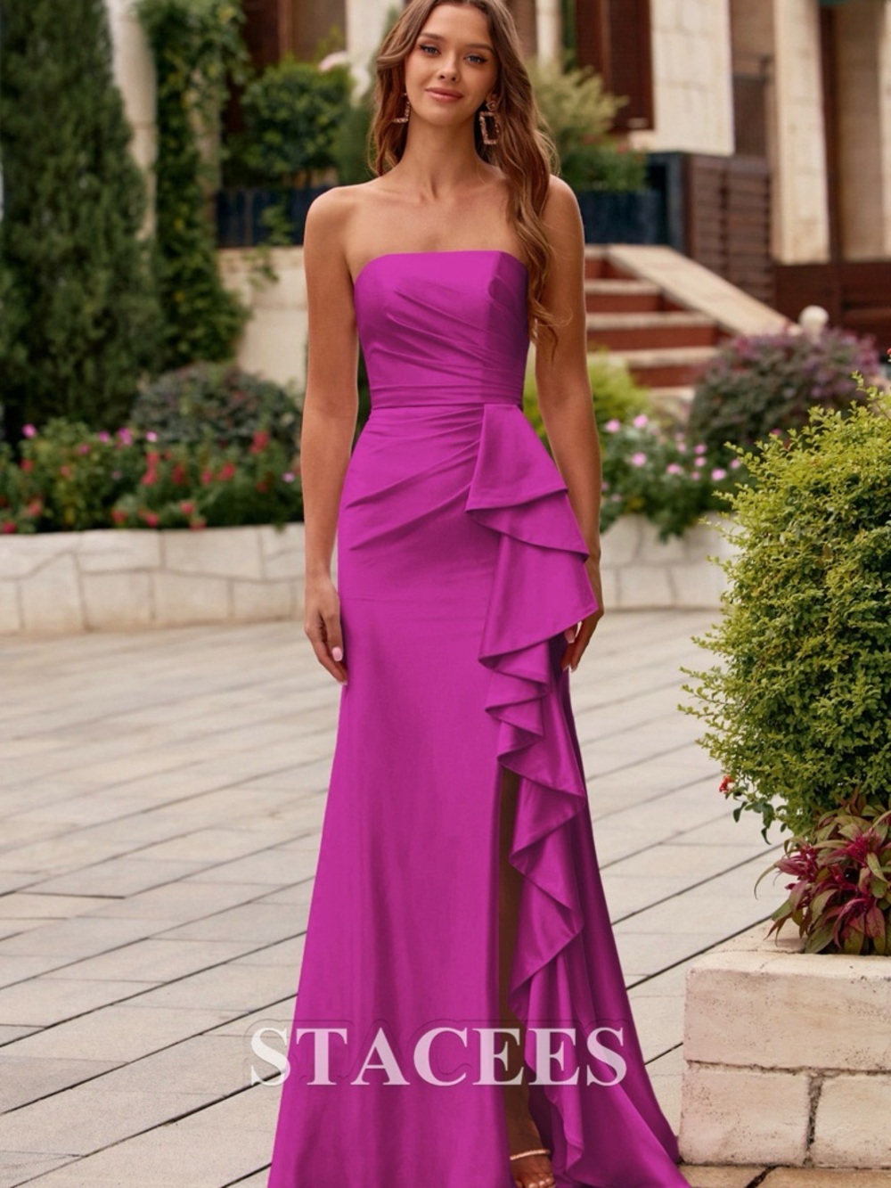 Strapless Fuchsia Ruffle Column Prom Dress